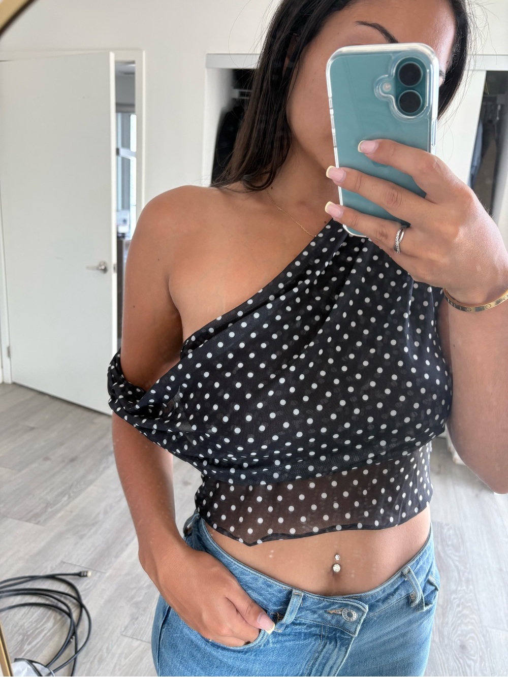 SHEIN Black Polka Dot One-Shoulder Sheer Crop Top